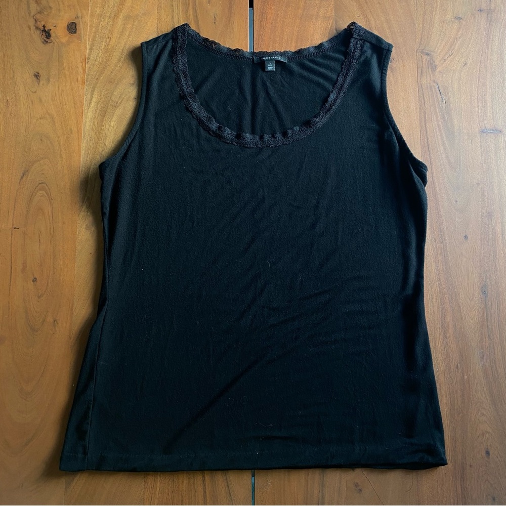 Semantiks Womens Tank Top Black Soft Scoop Neck Modal Lace Trim Size L Petite